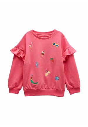 Roosa laste pusa volangidega varrukatega, millel on tikitud flamingo, jäätis, päikeseprillid, maasikas, merihobuke, jook, mereneiuke ja merekarbi plaastrid.