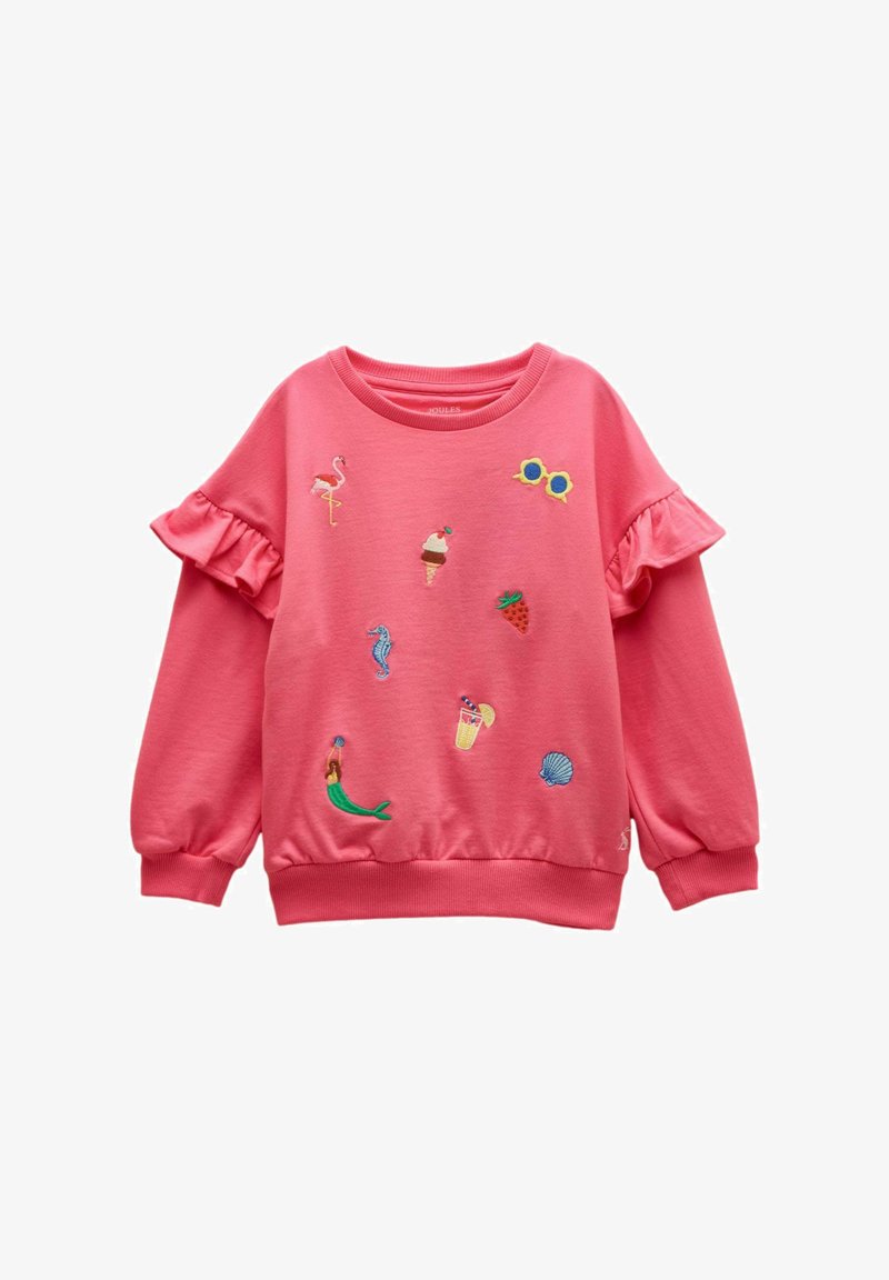 Rosa Kinder-Sweatshirt mit gerafften Ärmeln und bestickten Patches mit Flamingo, Eis, Sonnenbrille, Erdbeere, Seepferdchen, Getränk, Meerjungfrau und Muschel.