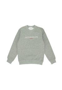 Gray sweatshirt with long sleeves, round neckline, and ribbed cuffs. Features "JECKERSON EST 1995" logo in white and red. Soft material.