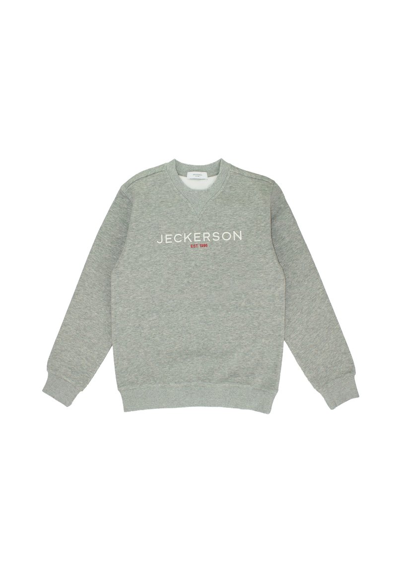 Gray sweatshirt with long sleeves, round neckline, and ribbed cuffs. Features "JECKERSON EST 1995" logo in white and red. Soft material.