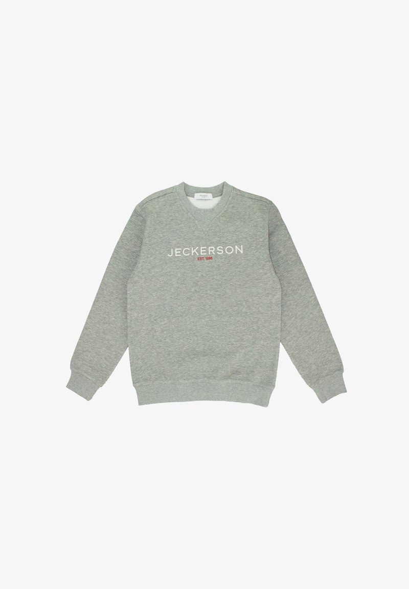 Gray sweatshirt with long sleeves, round neckline, and ribbed cuffs. Features "JECKERSON EST 1995" logo in white and red. Soft material.