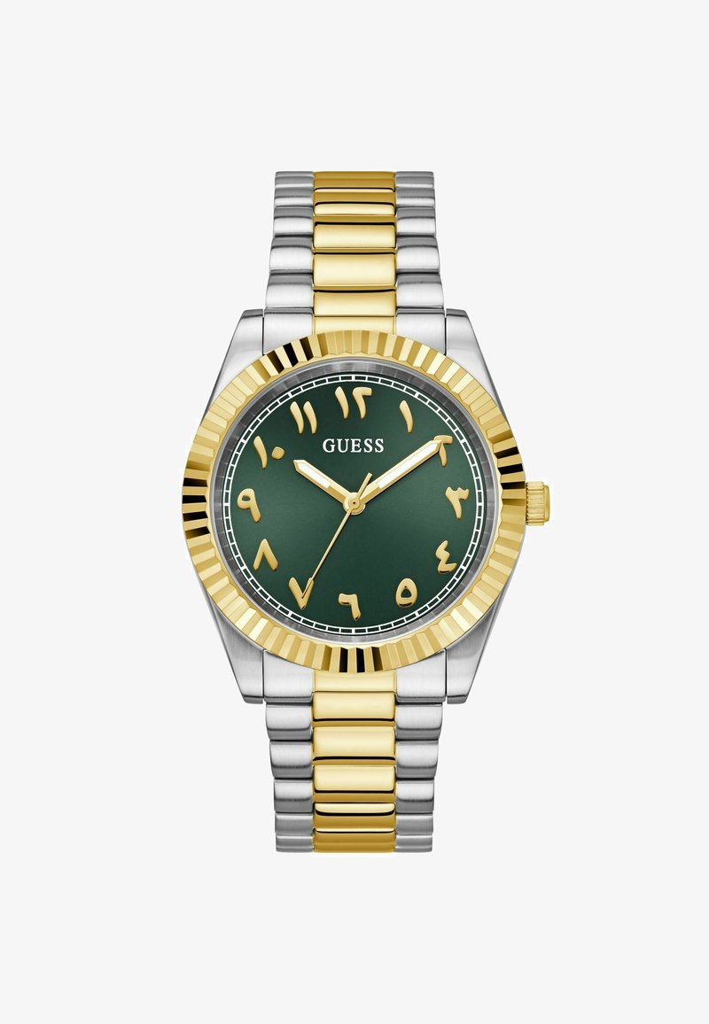 Złoty i srebrny zegarek ze stali nierdzewnej z zieloną tarczą, złotymi arabskimi cyframi, żłobioną złotą bezelem i bransoletą z metalowych ogniw.