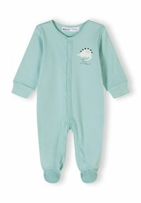 Bodies de bebé de color verde menta, confeccionados en una tela suave, con mangas largas, diseño con pies y un gráfico de dinosaurio con texto en la parte frontal.