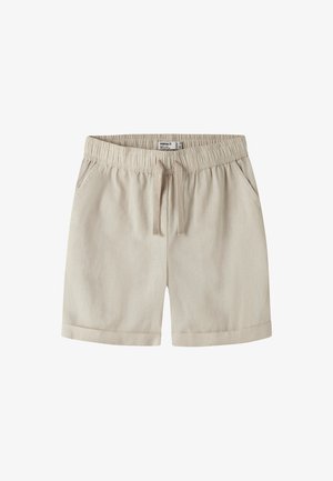 Pantaloni scurți bej din bumbac cu talie elastică, șnur din material textil, buzunare laterale și tivuri întoarse.