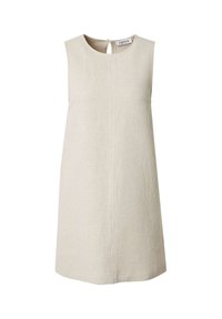 Beige mouwloze jurk van textuurstof met ronde halslijn, keyhole sluiting aan de achterkant en recht silhouet.