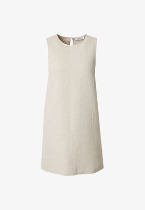 Beige mouwloze jurk van textuurstof met ronde halslijn, keyhole sluiting aan de achterkant en recht silhouet.