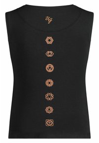 Svart ärmlös tanktopp i bomull. Har orange chakra-symboler vertikalt placerade på ryggen med en liten logotyp vid nacken.