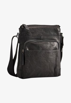 Sac bandoulière en cuir noir avec sangle réglable, poche avant zippée et logo "Strellson" embossé sur la poche avant.