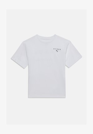 T-shirt blanc à manches courtes avec col rond et petit "HYROX" noir ainsi que le logo Puma sur la partie supérieure gauche de la poitrine.