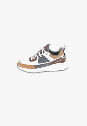 Sneaker with a white mesh upper, brown suede and grey accents. Features a black panel on the side and white textured sole. Laces are white.