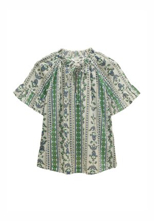 Bluse mit floralen Mustern, die kurze, flatternde Ärmel, einen gerafften Halsausschnitt und grüne sowie blaue Designs auf einem hellen Hintergrund aufweist.