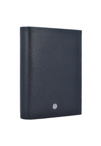 Czarny portfel z teksturowanej skóry, o gładkim, zaokrąglonym designie i małym, srebrnym akcentem logo na dolnej przedniej części.