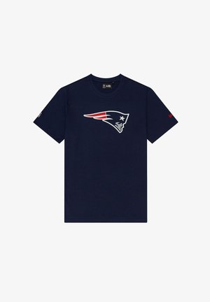 Marineblaue Baumwoll-T-Shirt mit kurzen Ärmeln, mit einem weißen und roten Logo auf der Vorderseite. Klassisches Rundhalsschnitt-Design, weicher Stoff.