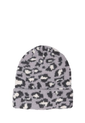 Bonnet en polaire gris avec un motif léopard en noir et blanc. Doté d'un revers replié à la base pour plus de chaleur et de style.