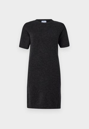 Kurzarm, dunkelgraues Kleid aus weichem Stoff. Einfacher runder Ausschnitt, gerade Schnittführung, knielang mit minimaler Detailgestaltung.