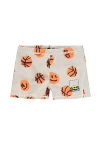 Badeshorts til drenge i lysecreme med orange basketball- og smileymønstre. Har elastisk taljebånd og logodetalje på siden.