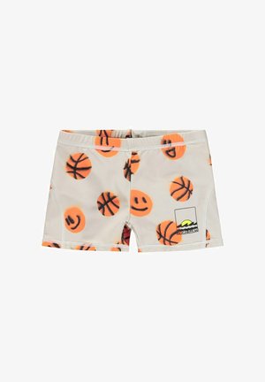 Boys' swim shorts in light cream with orange basketball and smiley face patterns. Features elastic waistband and logo detail on the side.