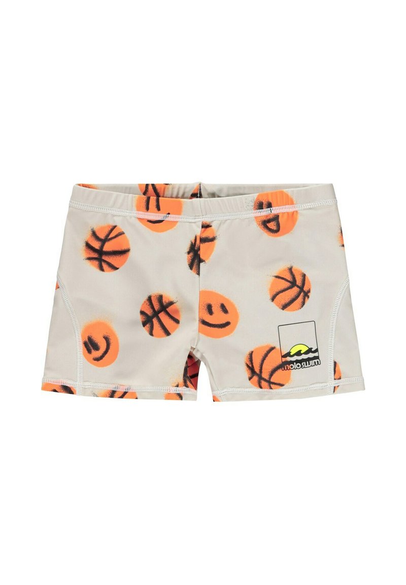 Badeshorts til drenge i lysecreme med orange basketball- og smileymønstre. Har elastisk taljebånd og logodetalje på siden.
