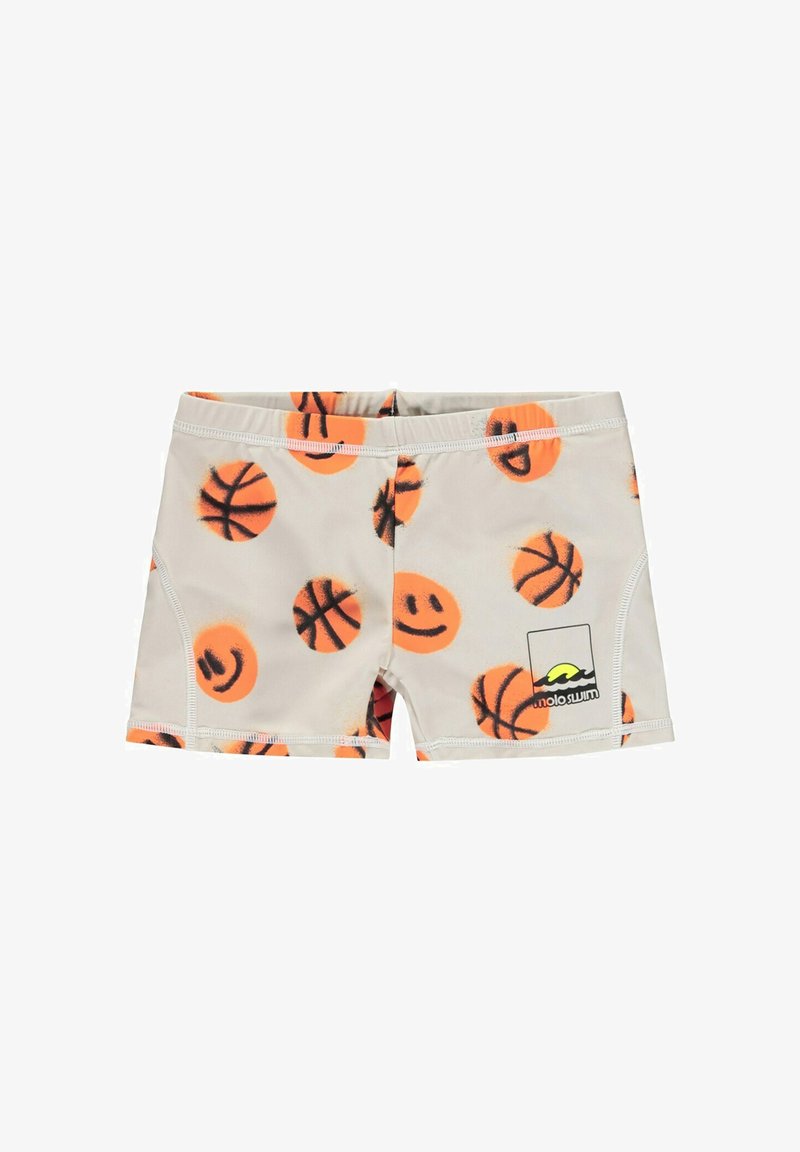 Badeshorts til drenge i lysecreme med orange basketball- og smileymønstre. Har elastisk taljebånd og logodetalje på siden.