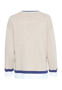 Pull beige à manches longues, avec des rayures bleues et blanches aux poignets, à l'ourlet et au col, présenté de dos.