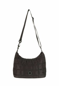 Borsa a spalla in tessuto trapuntato nero con una forma arrotondata, dotata di chiusura con cerniera e un dettaglio con logo circolare sulla parte anteriore. Tracolla regolabile.