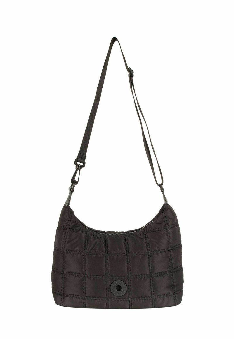 Borsa a spalla in tessuto trapuntato nero con una forma arrotondata, dotata di chiusura con cerniera e un dettaglio con logo circolare sulla parte anteriore. Tracolla regolabile.