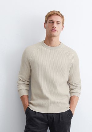 Beige ribbed knit sweater with a crew neckline and raglan sleeves, paired with dark pants; soft texture and fitted design details.