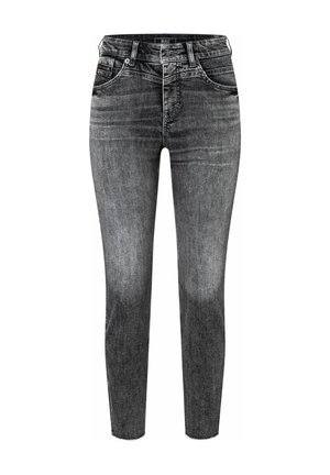 Graue Denim-Jeans im Slim-Fit, mit klassischem Fünf-Taschen-Design, subtilen Abrieben und kontrastierenden Nahtdetails.