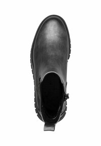 Bottine en cuir noir avec une fermeture éclair sur le côté, bout arrondi et semelle en caoutchouc texturée, vue de dessus.