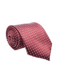 Cravatta in seta color bordeaux con texture rigata, caratterizzata da pois bianchi distribuiti uniformemente. Design arrotolato che mette in evidenza l'estremità affusolata.