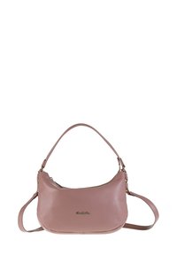 Rosa Ledertasche mit geschwungener Form, einem einzelnen Schultergurt und goldfarbenen Beschlägen. Glatte Oberfläche mit einem Reißverschluss.