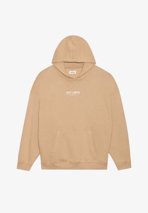 Bež sweatshirt s prednjim džepom i kapuljačom, sa bijelim natpisom "OFF LIMITS" i manjim "DANGEROUS AREA" na prsima.