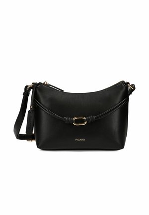 Zwarte leren schoudertas met verstelbare riem, knoopdetail en goudkleurige ovale hardware, met het merk "PICARD" aan de voorzijde in het midden.