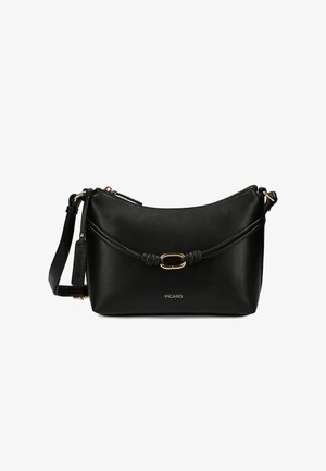Zwarte leren schoudertas met verstelbare riem, knoopdetail en goudkleurige ovale hardware, met het merk "PICARD" aan de voorzijde in het midden.