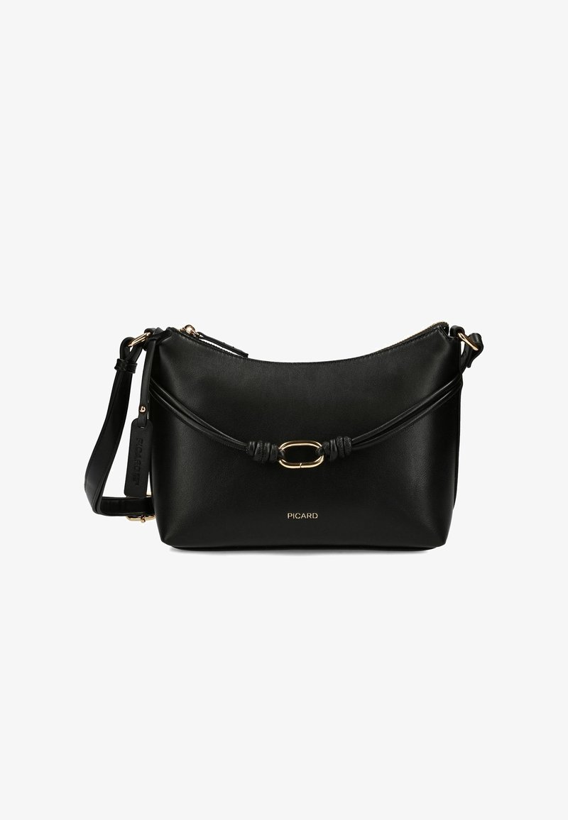 Bolso de hombro de cuero negro con correa ajustable, detalle de nudo y herrajes ovalados en tono dorado, con la marca "PICARD" en el centro delantero.