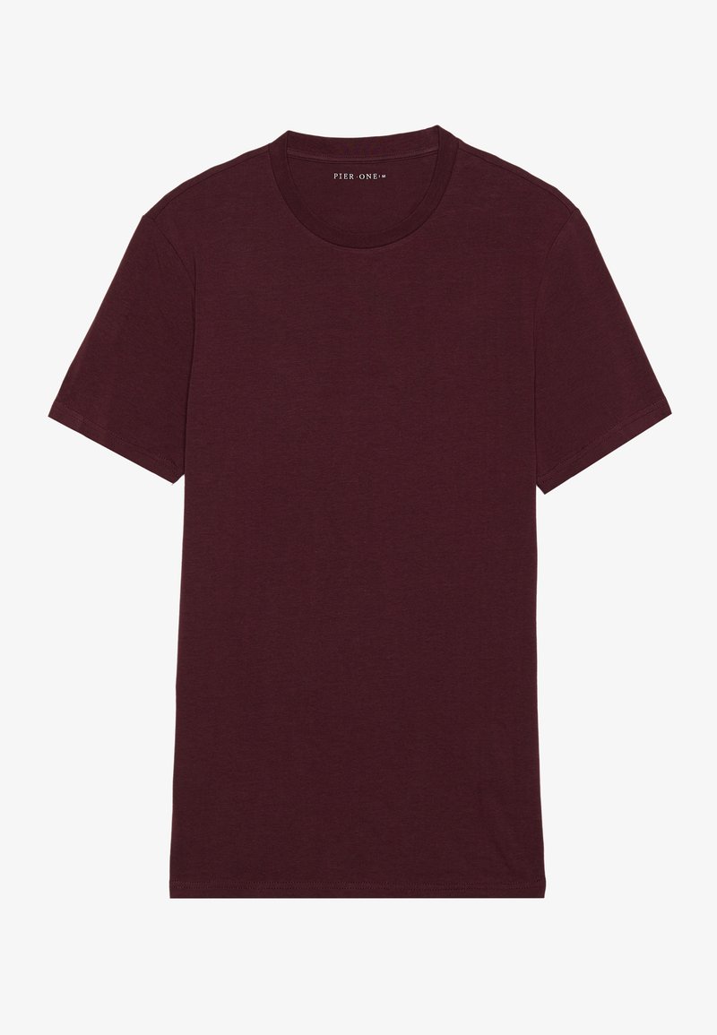 Bordeaux katoenen T-shirt met een klassieke ronde hals, korte mouwen en een gladde textuur. Eenvoudig ontwerp zonder patronen of accenten.