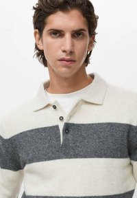 Joven con cabello corto castaño que lleva un suéter de lana a rayas blancas y grises con cuello abotonado, mirando al frente.