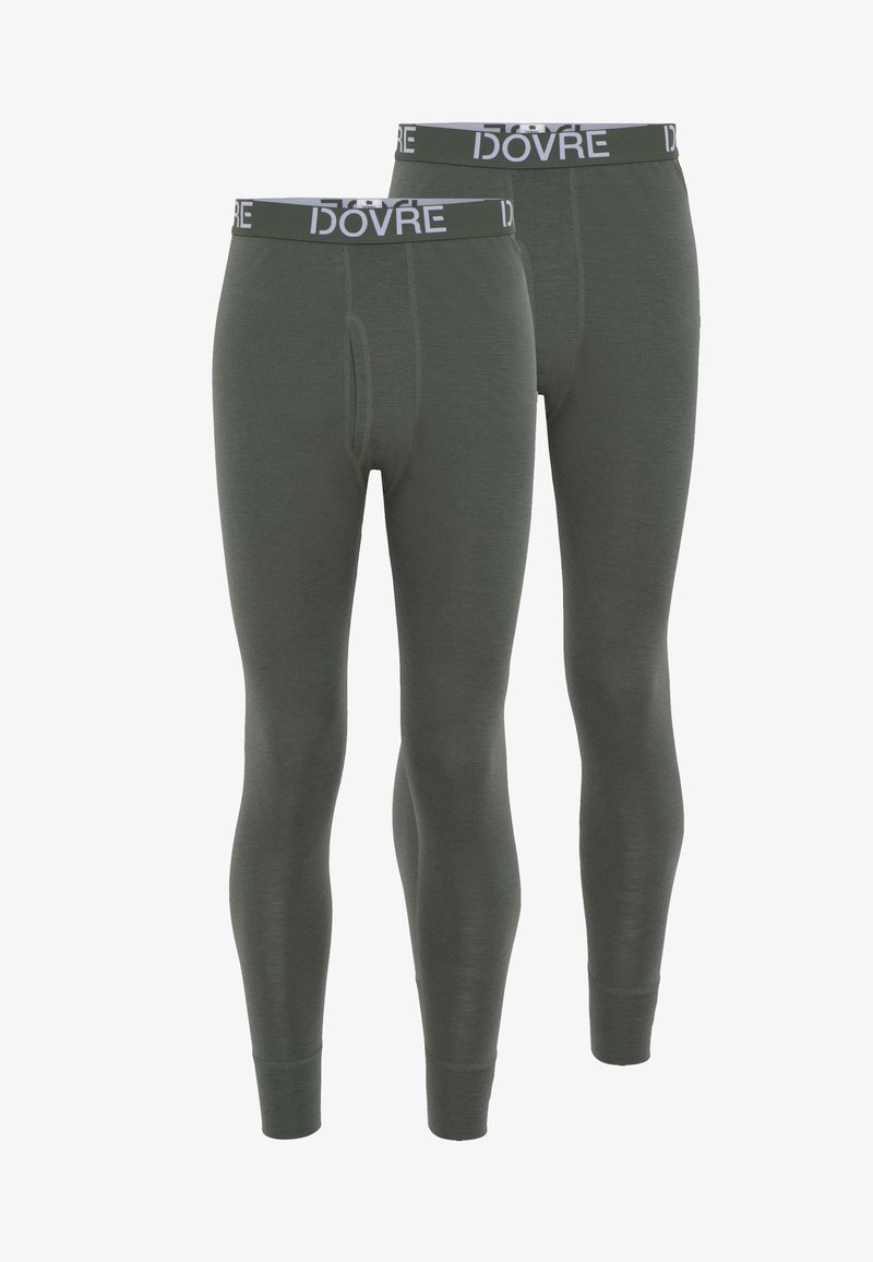 Grønne termolegninger med en elastisk talje, der har "IDOVRE" branding. Stoffet har en glat overflade og en tætsiddende pasform.