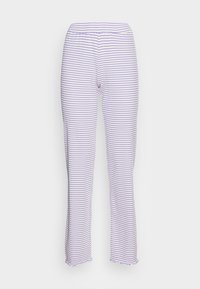 Calças leves às riscas em lavanda e branco, com cintura elástica e bainha franzida. O tecido parece suave e elástico.