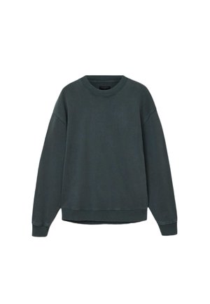 Felpa verde scuro con colletto rotondo, spalle ribassate, polsini e orlo a costine. Realizzata in materiale morbido con una consistenza liscia.