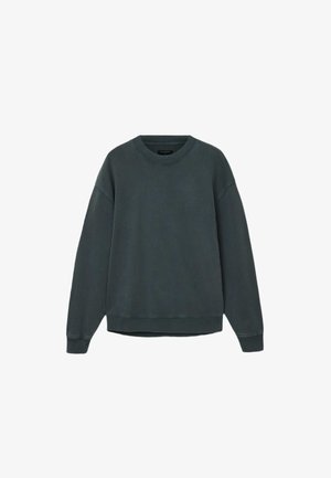 Dunkelgrüner Sweatshirt mit Rundhalsausschnitt, angeschnittenen Schultern, gerippten Bündchen und Saum. Hergestellt aus weichem Material mit glatter Textur.