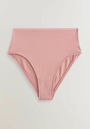 Ljust rosa högmidjad trosa i mjukt tyg. Har en slät, elastisk midjeband och sömlösa kanter för komfort.