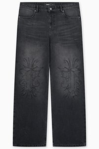 KNEE EMBROIDERY BLACK WASHED UNISEX - Jean boyfriend - black washed
