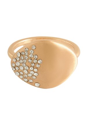 Gold-tone ring with an irregular oval top, adorned with clustered small clear crystals on one side.