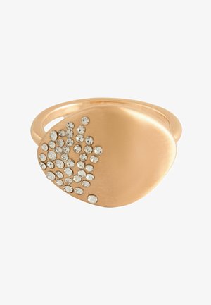 Gold-tone ring with an irregular oval top, adorned with clustered small clear crystals on one side.