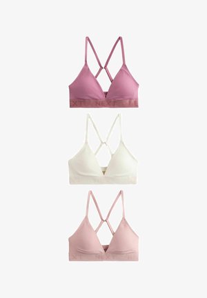Tre ribbede bløde trekants-bh’er i mauve, creme og lys pink med justerbare krydsede stropper og elastikbånd med mærke.