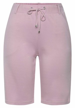 Lichtroze sportshorts met een elastische tailleband, trekkoordsluiting en zilveren oogjes. Gladde textuur, knielang ontwerp.