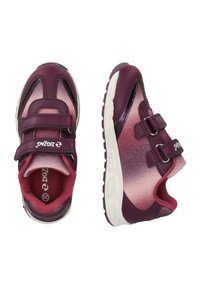 Purple and pink athletic shoes with a synthetic upper, hook-and-loop straps, textured patterns, and a white rubber sole.