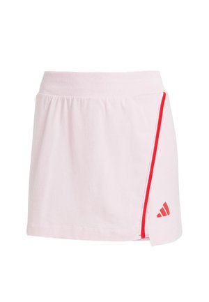 Fustă sport roz deschis cu o dunga roșie pe lateral și un logo pe margine. Fabricată dintr-un material moale și elastic.