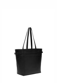 Czarna skórzana torba na ramię z podwójnymi paskami, prostokątny kształt, płaska przednia panel i minimalistyczny design z subtelnymi akcentami.